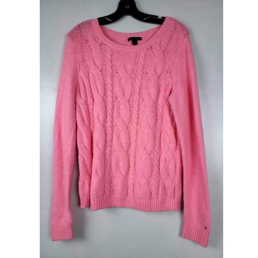 Tommy Hilfiger Cable Knit Sweater Womens Large Pink Preppy Long Sleeve Cotton